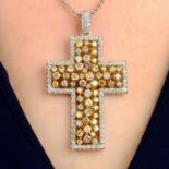 A diamond and coloured diamond cross pendant, with 18ct gold chain.