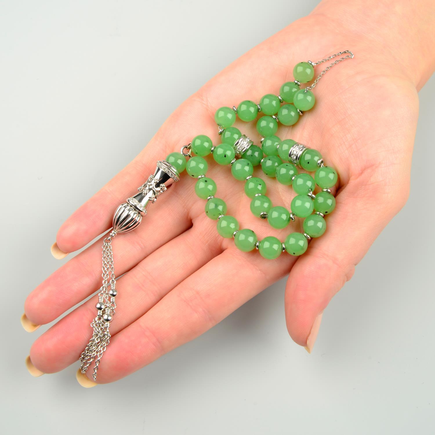 A set of nephrite jade and diamond Misbaha or prayer beads.