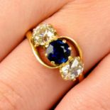 An 18ct gold sapphire and old-cut diamond three-stone ring.