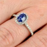 An 18ct gold sapphire and diamond cluster ring.Sapphire calculated weight 0.97ct,