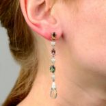 A pair of vari-hue tourmaline, aquamarine and diamond drop earrings.