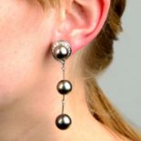A pair of Tahitian cultured pearl and diamond drop earrings.