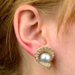 A pair of grey cultured pearl and diamond cluster earrings.