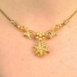 An early 20th century gold split and seed pearl floral necklace,