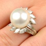 A mid 20th century cultured pearl and vari-cut diamond floral cluster ring.