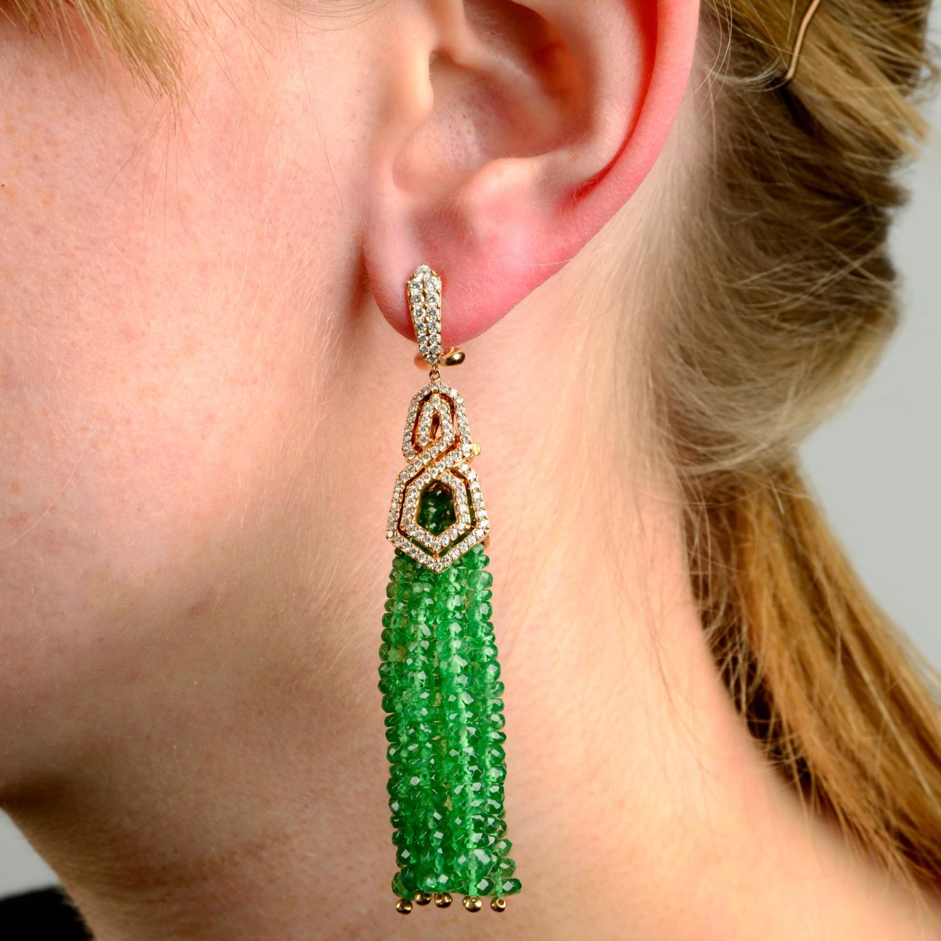 A pair of 18ct gold tsavorite garnet and diamond 'The London Collection' tassel earrings.Estimated