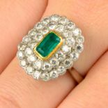 An 18ct gold emerald and diamond cluster ring.