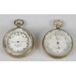 Two leather cased Callaghan & Co brass pocket barometers,