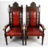 An early 20th century Spencer & Co of London stained carved oak framed Masonic masters chair,