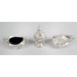 An Edwardian silver three piece condiment set,