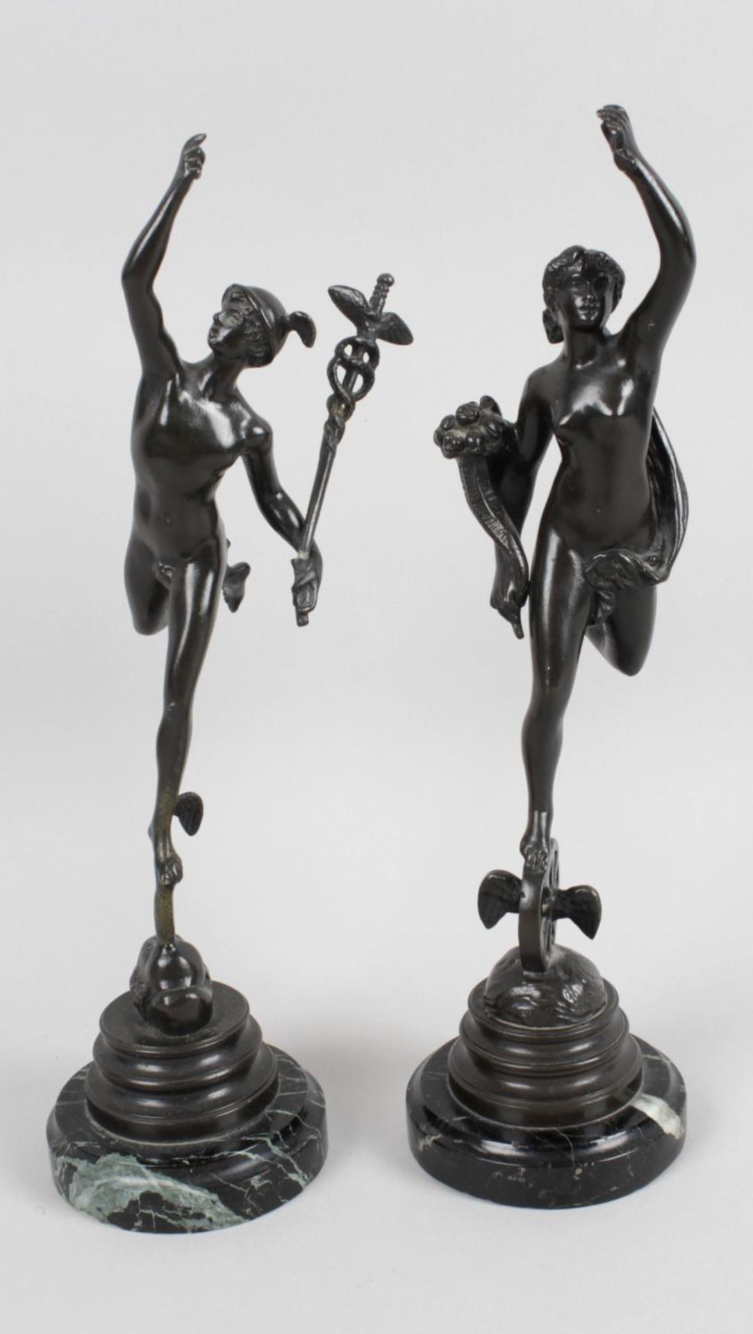 A small matched pair of 19th century bronze studies of Mercury and Fortuna after Giambologna and