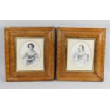 A pair of 19th century maple veneered framed oval hand coloured prints,