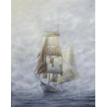 An oil painting on canvas depicting a sailing vessel,