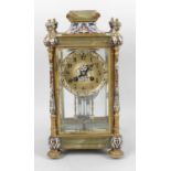 An early 20th century champlevé enamel and green marble cased mantel clock,