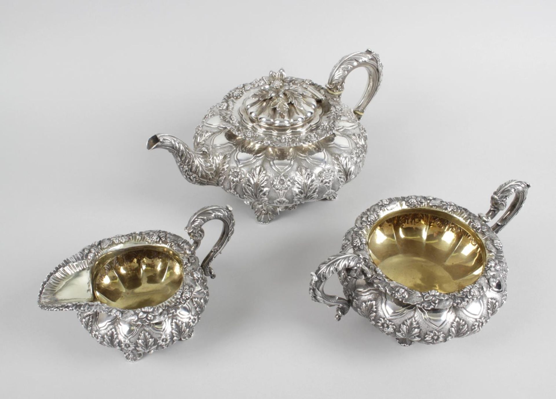 A George IV silver three piece tea service,