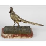 A late 19th century cast bronze study of a pheasant upon a naturalistic form,