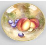 A Royal Worcester bone china circular pin dish hand painted with fruit upon a mossy bank,