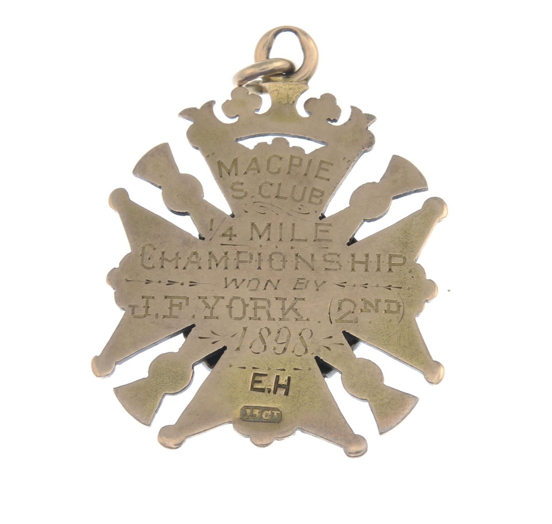 An amateur sporting fob medal, engraved verso, 'Magpie S Club 1/4 Mile Championship Won by J. - Bild 2 aus 3