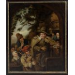 Dutch School, a late 18th century oil painting on panel depicting figures gathered below an archway