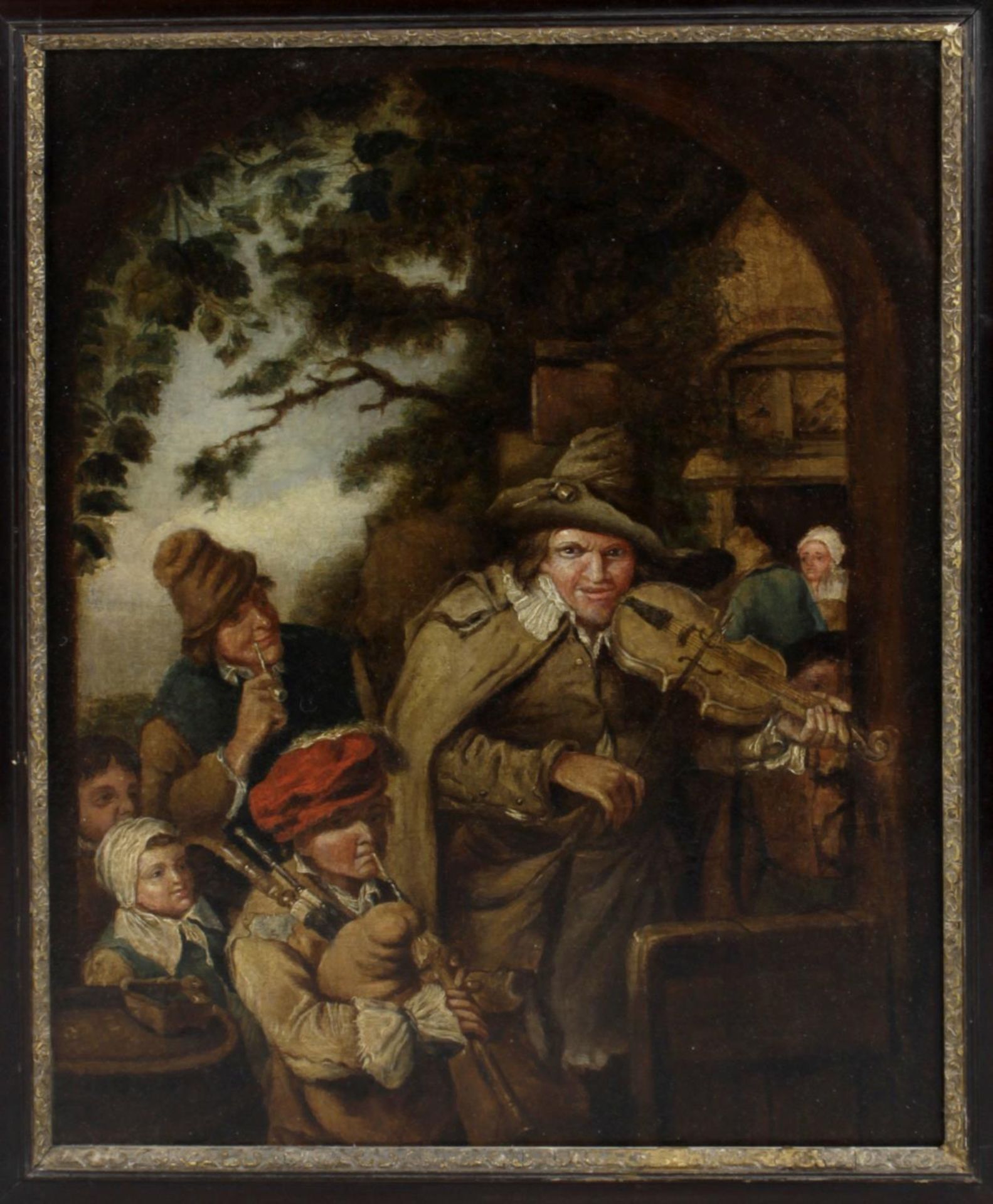 Dutch School, a late 18th century oil painting on panel depicting figures gathered below an archway