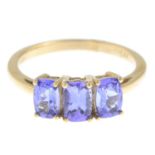 A 14ct gold tanzanite three-stone ring.Hallmarks for Sheffield.Ring size O.