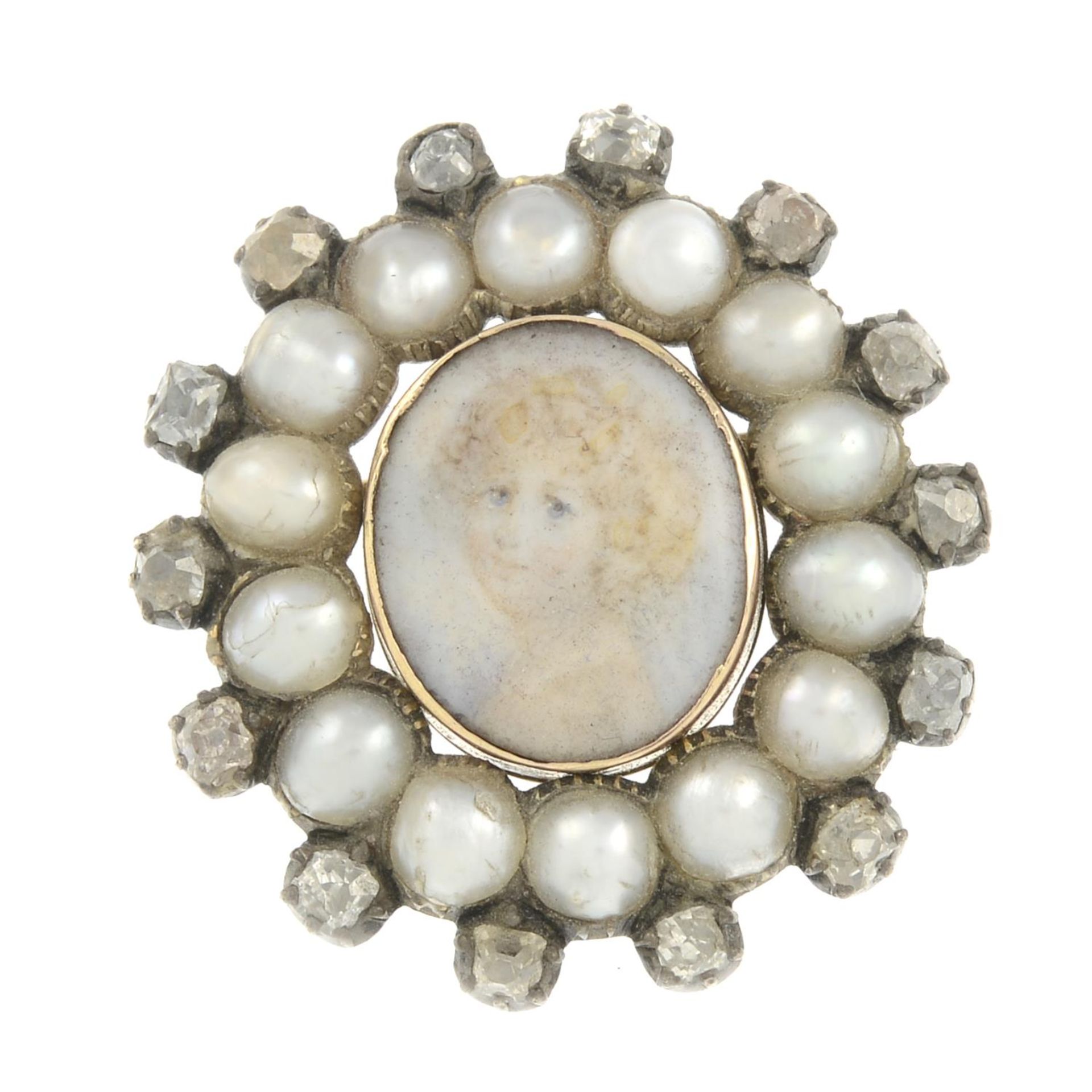 A mid 19th century gold split pearl and diamond portrait brooch.Estimated total diamond weight