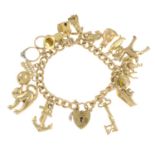 A 9ct gold curb-link bracelet, suspending nineteen charms.Hallmarks for 9ct gold.