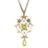 An early 20th century 9ct gold peridot and split pearl pendant, with chain.Stamped 9CT.