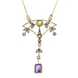 An amethyst, peridot and diamond pendant,
