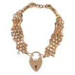 A 9ct gold brick-link bracelet, with heart-shape padlock clasp.