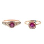 Two glass-filled ruby and diamond cluster rings.Estimated total diamond weight 0.55ct.