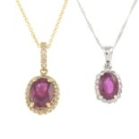 Glass-filled ruby and brilliant-cut diamond pendant,