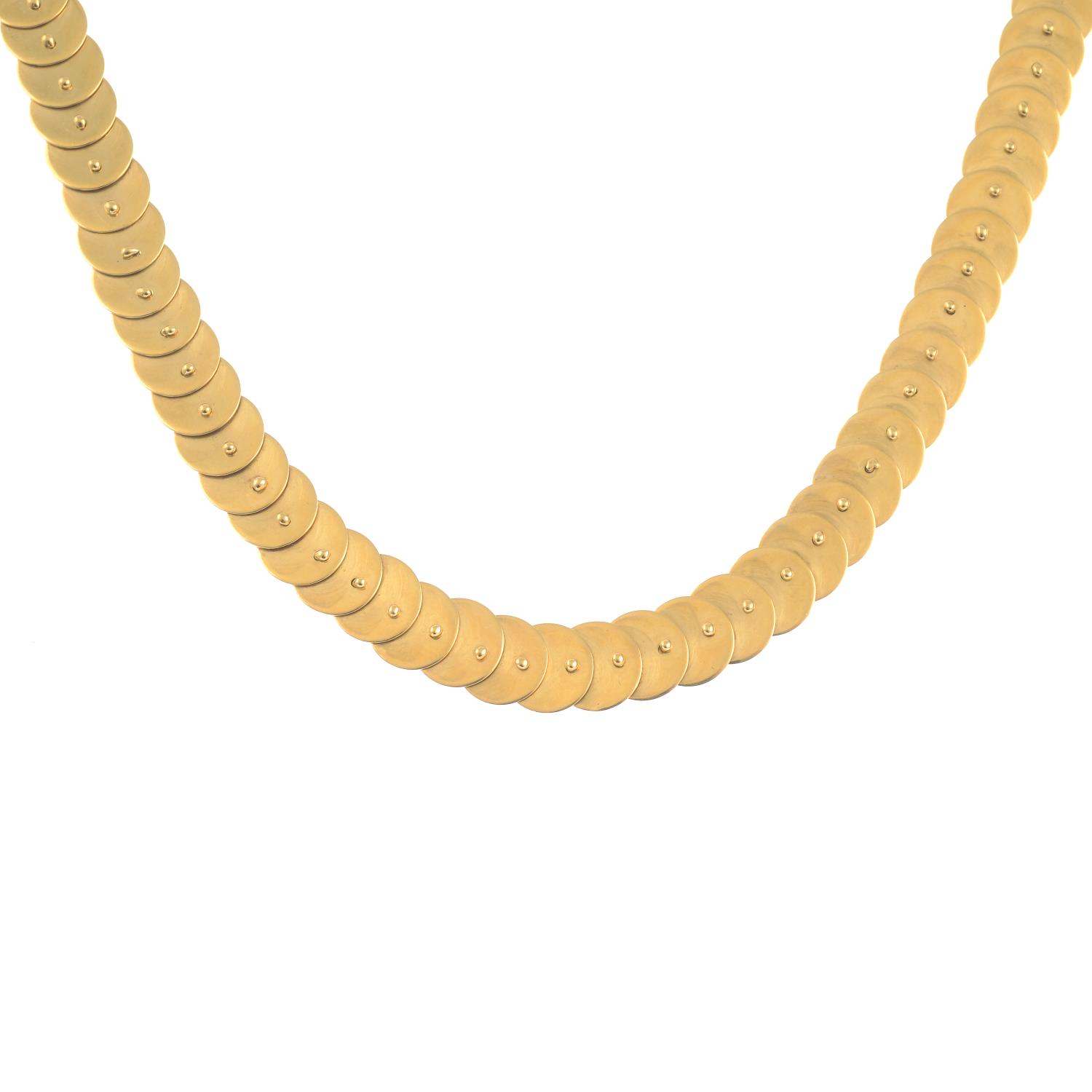 A mid 20th century 18ct gold disc-link necklace.Italian marks.