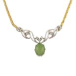 An 18ct gold nephrite jade and diamond necklace.Estimated total diamond weight 0.20ct.