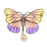 A plique-a-jour enamel butterfly brooch, suspending a cultured pearl drop.