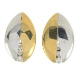 A pair of diamond bi-colour earrings.Stamped 375.Length 1.2cms.