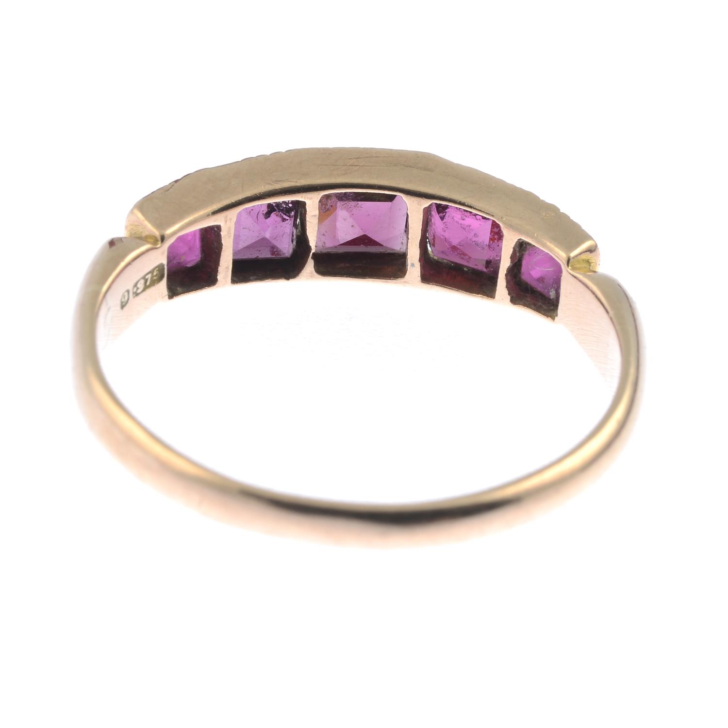 An early 20th century 9ct gold garnet five-stone ring.Hallmarks for Chester 1911.Ring size P. - Image 2 of 2