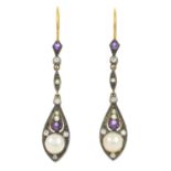 A pair of amethyst, diamond, cultured pearl and gem-set earrings.Length 5cms.