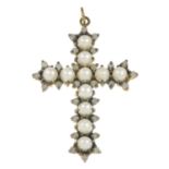 A seed and split pearl and diamond cross pendant.Estimated total diamond weight 0.35ct.