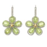 A pair of peridot, diamond and yellow gem floral earrings.Estimated total diamond weight 0.25ct.