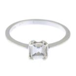 A rectangular-shape diamond single-stone ring.