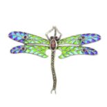 A ruby, garnet, pyrite and plique-a-jour enamel brooch, depicting a dragonfly.