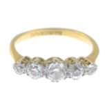 A mid 20th century 18ct gold and platinum old-cut diamond five-stone ring.
