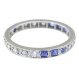 A square-shape sapphire and single-cut diamond full eternity ring.Estimated total diamond weight
