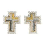 A pair of diamond and coloured diamond cross earrings.Estimated total diamond and coloured diamond
