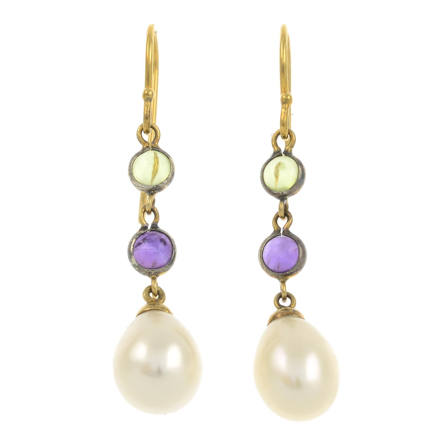 A pair of freshwater cultured pearl, amethyst and peridot drop earrings.
