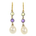 A pair of freshwater cultured pearl, amethyst and peridot drop earrings.