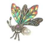 A ruby, cultured pearl, pyrite and plique-a-jour enamel brooch, depicting a butterfly.