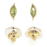 9ct gold peridot stud earrings, hallmarks for 9ct gold, length 1.3cms, 1.9gms.