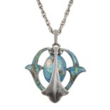 An early 20th century silver Art Nouveau enamel pendant, with chain.Pendant stamped SILVER.